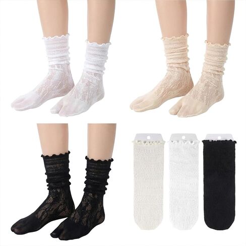 3 Pairs Lace Sexy Tabi Socks Women Split Two Toe Socks Japanese Toes Separated Sock Ruffle Frilly Sports Casual Sock for Men Women Unisex in Saudi Arabia