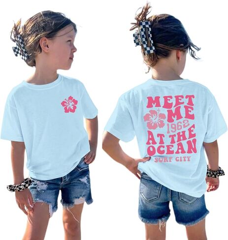 BeWithYou Cute Hawaiian Beach T Shirts for Girls Kids Aesthetic Pink Hibiscus Flower Shirt Oversized Summer Graphic Tee Tops in Saudi Arabia