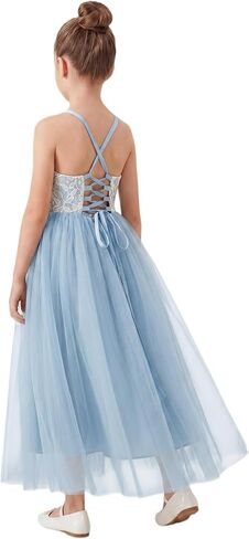 LalaMira Girls Sage Green Boho Flower Girl Dress Lace Tulle Wedding Birthday Party Bridesmaid Adjustable Back in Saudi Arabia