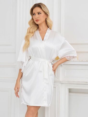 Moreone Womens Satin Nightgown with Robe 2 Piece Lace Silk Pajama Set Babydoll Lingerie Sexy Sleepwear Wedding in Saudi Arabia