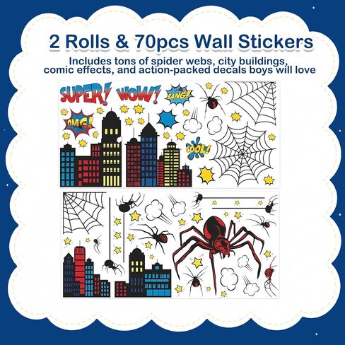 Superhero Wall Decor, Hero City Building Stars Stickers for Kids Boys, 70 Piece UV PVC DIY Removable Reusable Cartoon Stickers for Toddler Nursery, Bedroom, Playroom in Kuwait