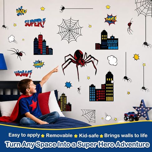 Superhero Wall Decor, Hero City Building Stars Stickers for Kids Boys, 70 Piece UV PVC DIY Removable Reusable Cartoon Stickers for Toddler Nursery, Bedroom, Playroom in Kuwait
