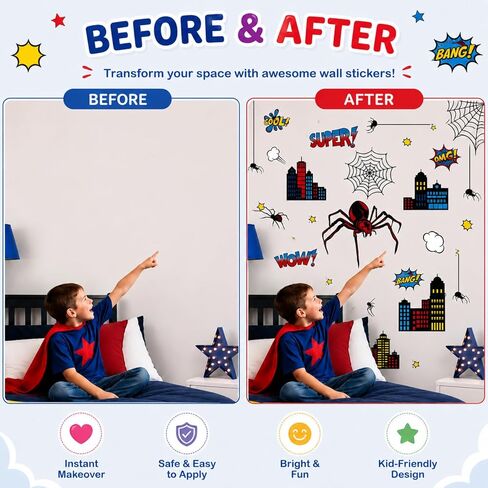 Superhero Wall Decor, Hero City Building Stars Stickers for Kids Boys, 70 Piece UV PVC DIY Removable Reusable Cartoon Stickers for Toddler Nursery, Bedroom, Playroom in Kuwait