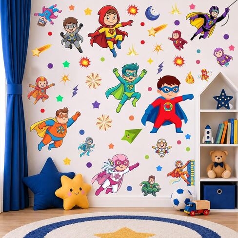 Superhero Wall Decor, Hero City Building Stars Stickers for Kids Boys, 70 Piece UV PVC DIY Removable Reusable Cartoon Stickers for Toddler Nursery, Bedroom, Playroom in Kuwait