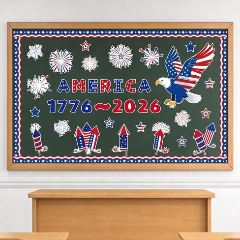 4th of July Bulletin Board Decorations, 250th Anniversary Patriotic Classroom Door Decor Set with Fireworks Stars Cutouts for Independence Memorial Day Office School Home Wall Party Supplies in Saudi Arabia