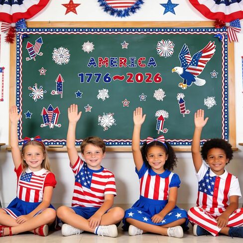 4th of July Bulletin Board Decorations, 250th Anniversary Patriotic Classroom Door Decor Set with Fireworks Stars Cutouts for Independence Memorial Day Office School Home Wall Party Supplies in Saudi Arabia