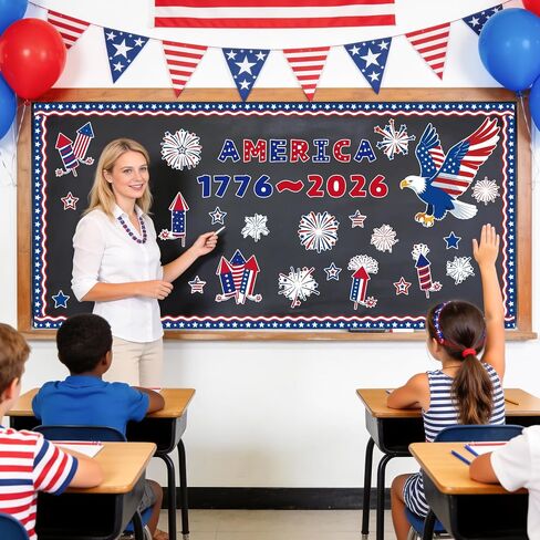 4th of July Bulletin Board Decorations, 250th Anniversary Patriotic Classroom Door Decor Set with Fireworks Stars Cutouts for Independence Memorial Day Office School Home Wall Party Supplies in Saudi Arabia