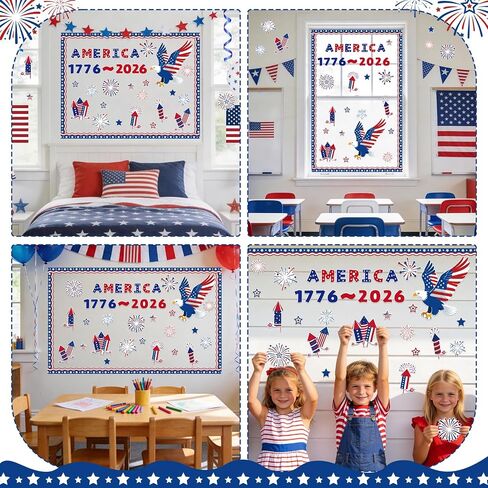 4th of July Bulletin Board Decorations, 250th Anniversary Patriotic Classroom Door Decor Set with Fireworks Stars Cutouts for Independence Memorial Day Office School Home Wall Party Supplies in Saudi Arabia