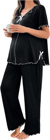 OYOANGLE Women's Maternity Pajama Set Bow Lettuce Trim Short Sleeve Tops and Pants Cute Lounge Sets in Kuwait