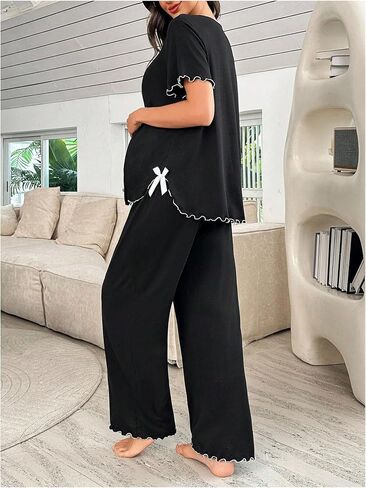 OYOANGLE Women's Maternity Pajama Set Bow Lettuce Trim Short Sleeve Tops and Pants Cute Lounge Sets in Kuwait