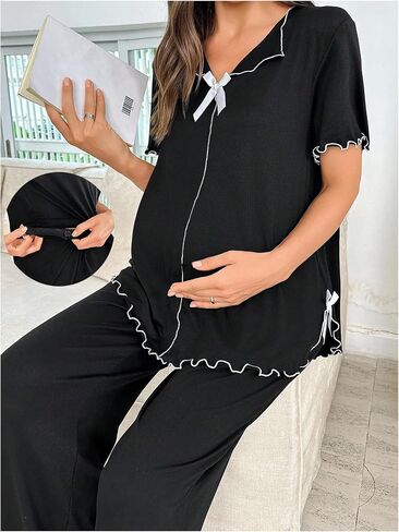 OYOANGLE Women's Maternity Pajama Set Bow Lettuce Trim Short Sleeve Tops and Pants Cute Lounge Sets in Kuwait