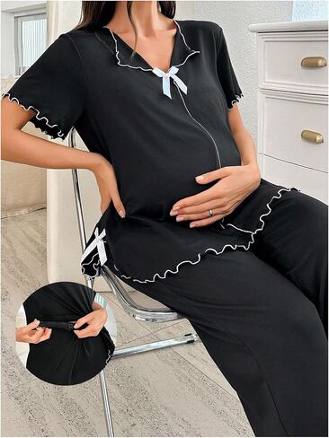 OYOANGLE Women's Maternity Pajama Set Bow Lettuce Trim Short Sleeve Tops and Pants Cute Lounge Sets in Kuwait