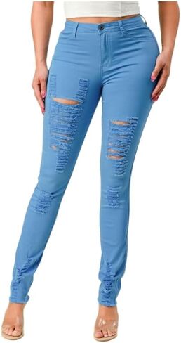 LOVER BRAND FASHION Women's High Waisted Stretchy Colored Distressed Skinny Jeans - Multiple Colors Pants in Saudi Arabia