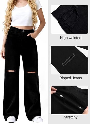 Women's Straight Wide Leg Jeans High Waisted Distressed Baggy Jeans Loose Boyfriend Y2K Denim Pants in Saudi Arabia