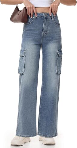 Womens High Waisted Cargo Jeans Straight Wide Leg Denim Pants Casual Y2K Baggy Cargo Jean Pants with 6 Pockets in Saudi Arabia