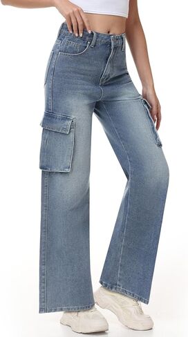 Womens High Waisted Cargo Jeans Straight Wide Leg Denim Pants Casual Y2K Baggy Cargo Jean Pants with 6 Pockets in Saudi Arabia