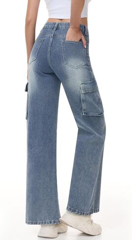 Womens High Waisted Cargo Jeans Straight Wide Leg Denim Pants Casual Y2K Baggy Cargo Jean Pants with 6 Pockets in Saudi Arabia