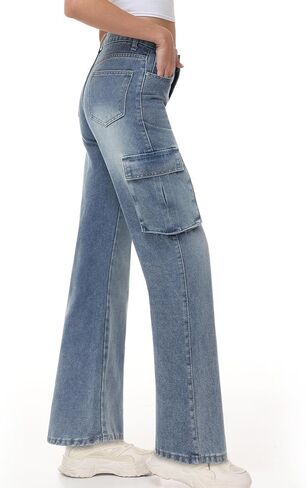 Womens High Waisted Cargo Jeans Straight Wide Leg Denim Pants Casual Y2K Baggy Cargo Jean Pants with 6 Pockets in Saudi Arabia