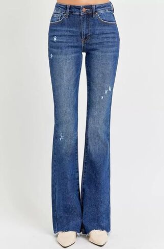 Risen Distressed Mid Rise Long 34" Inseam Flare Jeans- Ivory Gem in Saudi Arabia