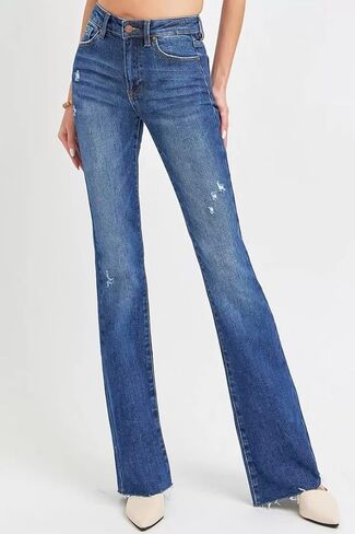 Risen Distressed Mid Rise Long 34" Inseam Flare Jeans- Ivory Gem in Saudi Arabia