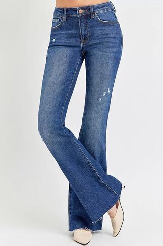 Risen Distressed Mid Rise Long 34" Inseam Flare Jeans- Ivory Gem in Saudi Arabia