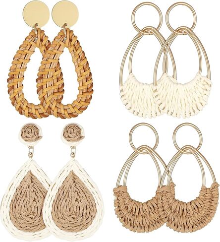 4 Pairs Handmade Raffia Hoop Earrings Set Lightweight Summer Straw Wicker Beach Earrings Fashion Boho Geometric Statement Round Drop Dangle Earrings for Women in Saudi Arabia