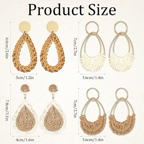 4 Pairs Handmade Raffia Hoop Earrings Set Lightweight Summer Straw Wicker Beach Earrings Fashion Boho Geometric Statement Round Drop Dangle Earrings for Women in Saudi Arabia