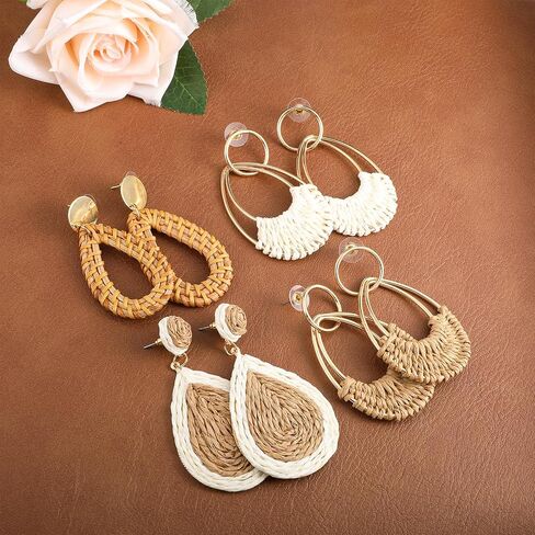 4 Pairs Handmade Raffia Hoop Earrings Set Lightweight Summer Straw Wicker Beach Earrings Fashion Boho Geometric Statement Round Drop Dangle Earrings for Women in Saudi Arabia