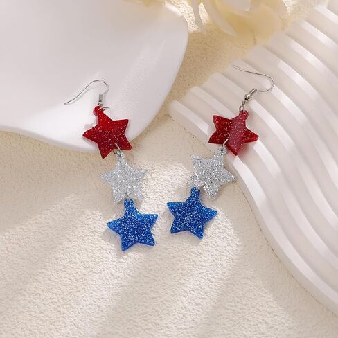 American Flag Earrings for Women - Patriotic Red White and Blue Star Drop Dangle Earrings Earrings 4th of July Outfit Independence Day Accessories Jewelry Gifts in Saudi Arabia