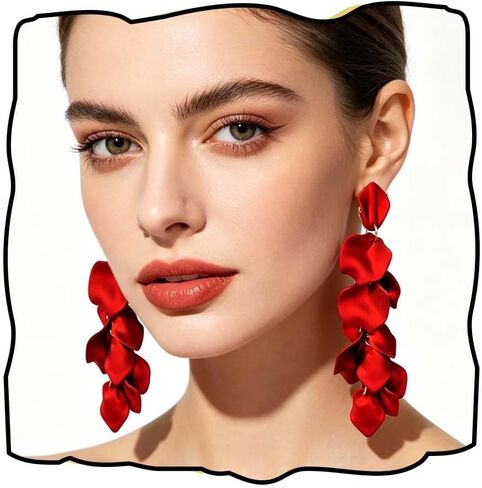 Red Rose Petal Dangle Earrings for Women, Long Layered Flower Drop Earrings, Lightweight Statement Floral Earrings for Wedding, Prom, Party, Vacation, Daily Wear in Saudi Arabia