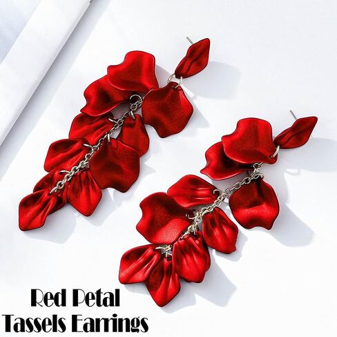 Red Rose Petal Dangle Earrings for Women, Long Layered Flower Drop Earrings, Lightweight Statement Floral Earrings for Wedding, Prom, Party, Vacation, Daily Wear in Saudi Arabia