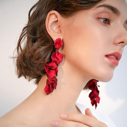 Red Rose Petal Dangle Earrings for Women, Long Layered Flower Drop Earrings, Lightweight Statement Floral Earrings for Wedding, Prom, Party, Vacation, Daily Wear in Saudi Arabia