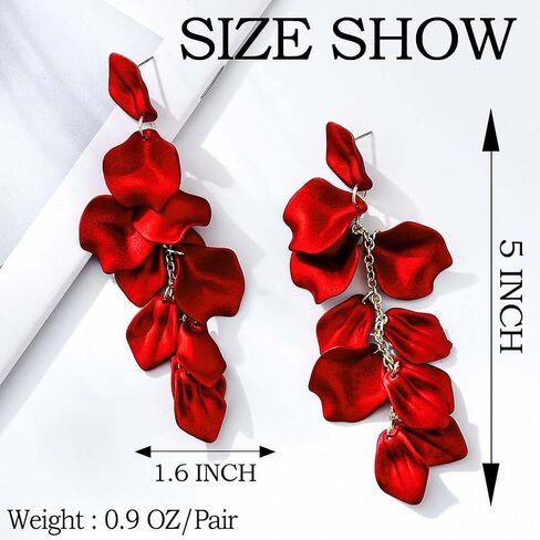 Red Rose Petal Dangle Earrings for Women, Long Layered Flower Drop Earrings, Lightweight Statement Floral Earrings for Wedding, Prom, Party, Vacation, Daily Wear in Saudi Arabia