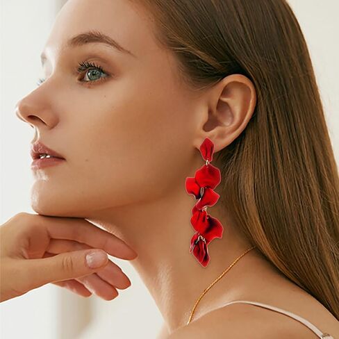 Red Rose Petal Dangle Earrings for Women, Long Layered Flower Drop Earrings, Lightweight Statement Floral Earrings for Wedding, Prom, Party, Vacation, Daily Wear in Saudi Arabia