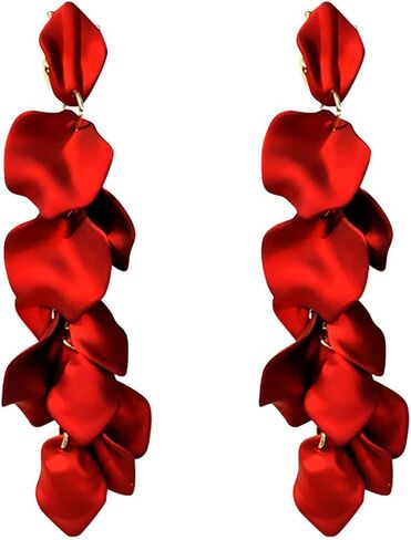 Red Rose Petal Dangle Earrings for Women, Long Layered Flower Drop Earrings, Lightweight Statement Floral Earrings for Wedding, Prom, Party, Vacation, Daily Wear in Saudi Arabia