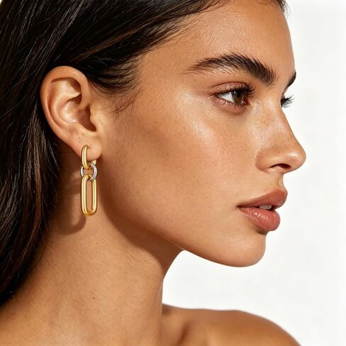 Chunky Dangle Earrings for Women Silver and Gold Plated Papercllip Link Drop Earrings Trendy Mixed Metal Hoops Statement Jewelry Gift in Saudi Arabia