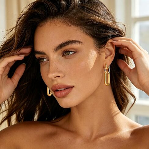 Chunky Dangle Earrings for Women Silver and Gold Plated Papercllip Link Drop Earrings Trendy Mixed Metal Hoops Statement Jewelry Gift in Saudi Arabia