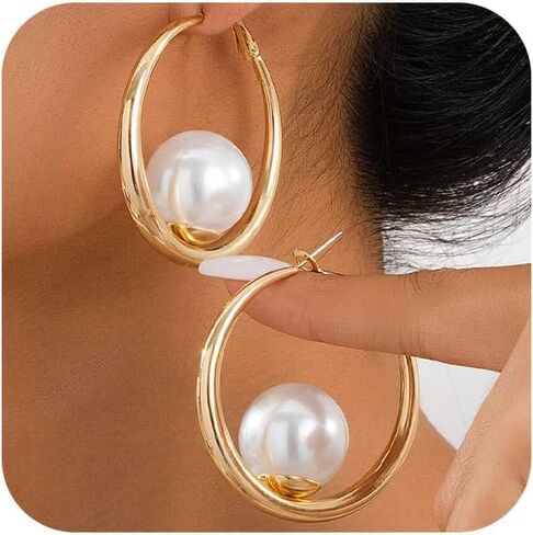 Chunky Gold Big Pearl Drop Dangle Hoop Earrings for Women Trendy, Dainty Large Pearls Thick Round Circle Dangly Earring Exquisite Party Jewelry Gifts in Saudi Arabia