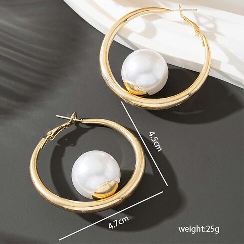 Chunky Gold Big Pearl Drop Dangle Hoop Earrings for Women Trendy, Dainty Large Pearls Thick Round Circle Dangly Earring Exquisite Party Jewelry Gifts in Saudi Arabia