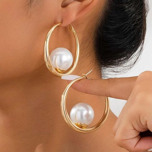Chunky Gold Big Pearl Drop Dangle Hoop Earrings for Women Trendy, Dainty Large Pearls Thick Round Circle Dangly Earring Exquisite Party Jewelry Gifts in Saudi Arabia