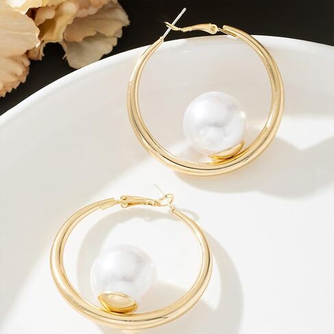 Chunky Gold Big Pearl Drop Dangle Hoop Earrings for Women Trendy, Dainty Large Pearls Thick Round Circle Dangly Earring Exquisite Party Jewelry Gifts in Saudi Arabia