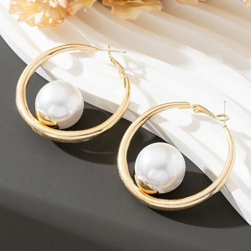 Chunky Gold Big Pearl Drop Dangle Hoop Earrings for Women Trendy, Dainty Large Pearls Thick Round Circle Dangly Earring Exquisite Party Jewelry Gifts in Saudi Arabia