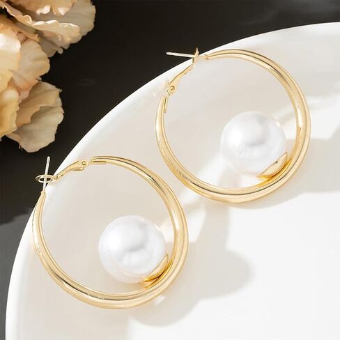 Chunky Gold Big Pearl Drop Dangle Hoop Earrings for Women Trendy, Dainty Large Pearls Thick Round Circle Dangly Earring Exquisite Party Jewelry Gifts in Saudi Arabia