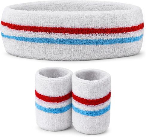 Striped Sweatband Set - 1 Headband 2 Wristbands, Sweat Wicking Sports Headbands for Men Women, Athletic Wristband for Running Gym Basketball Tennis in Saudi Arabia