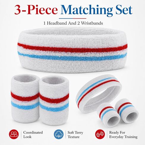 Striped Sweatband Set - 1 Headband 2 Wristbands, Sweat Wicking Sports Headbands for Men Women, Athletic Wristband for Running Gym Basketball Tennis in Saudi Arabia