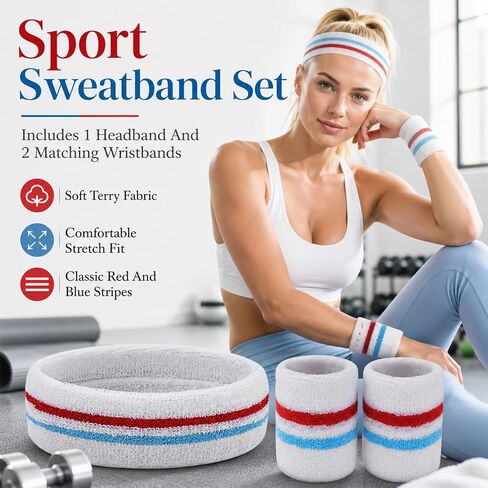Striped Sweatband Set - 1 Headband 2 Wristbands, Sweat Wicking Sports Headbands for Men Women, Athletic Wristband for Running Gym Basketball Tennis in Saudi Arabia