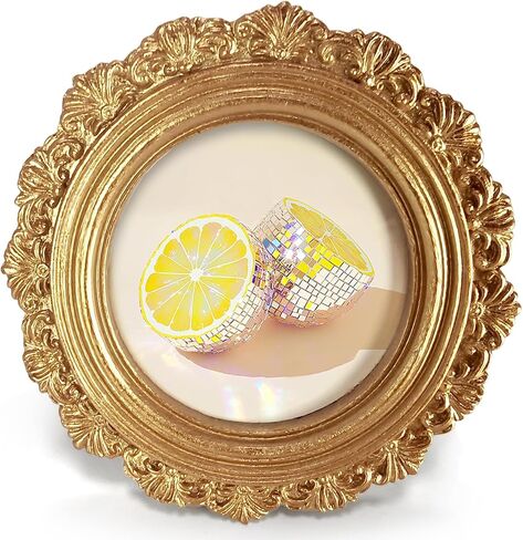 White Flower Lemon Round Picture Frame Wall Decor,Still Life Gold Mini Ornate Photo Frame for TableTop Desk 2.7in Photo, Rustic Vintage Framed Artwork for Kitchen Walls Office Bedroom Shelf in Saudi Arabia