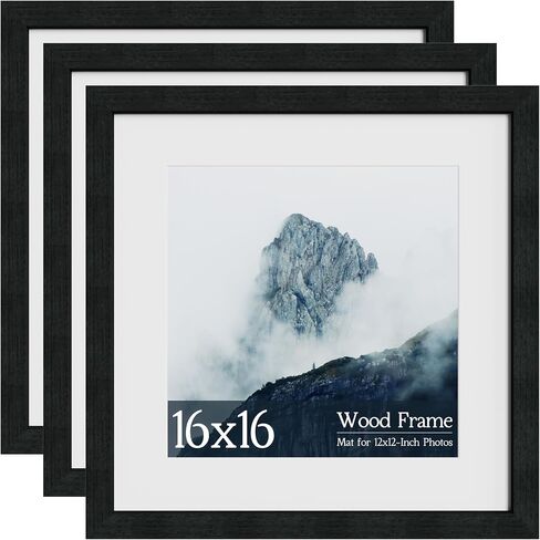 16x16 Square Picture Frame 3 Pack, Solid Real Wood Grain, Displays 12x12 with Mat or 16x16 Without Mat, Wall Gallery Poster Frames, Black in Kuwait