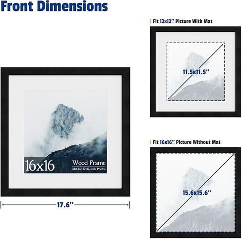 16x16 Square Picture Frame 3 Pack, Solid Real Wood Grain, Displays 12x12 with Mat or 16x16 Without Mat, Wall Gallery Poster Frames, Black in Kuwait