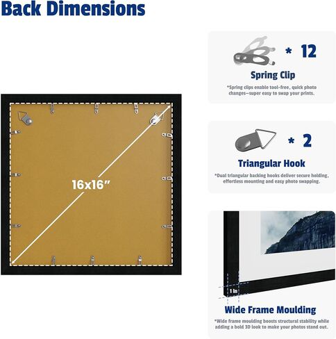 16x16 Square Picture Frame 3 Pack, Solid Real Wood Grain, Displays 12x12 with Mat or 16x16 Without Mat, Wall Gallery Poster Frames, Black in Kuwait